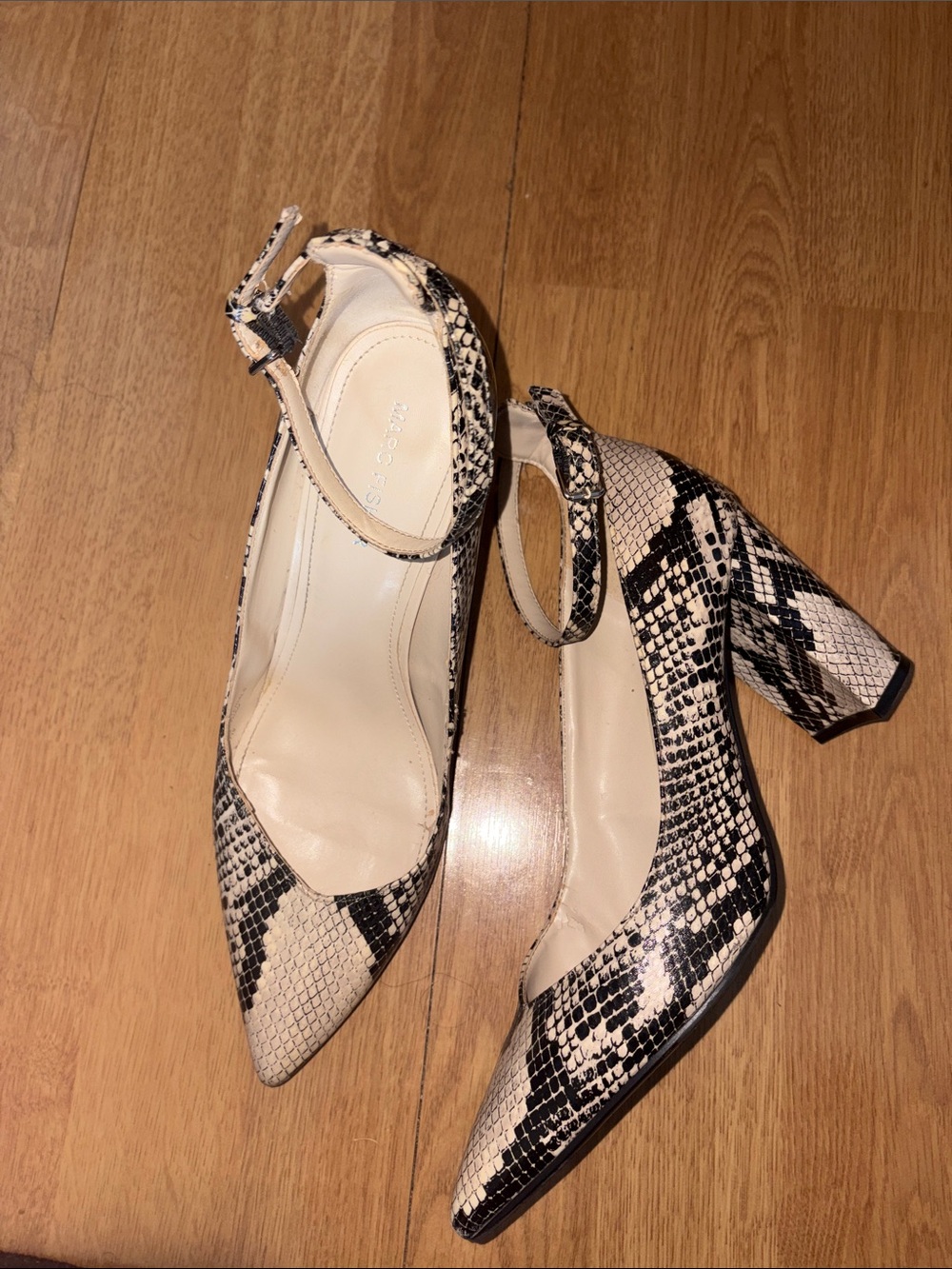 Marc Fisher Snake-Print Pointed-Ankle Strap Block Heels in Black & Cream